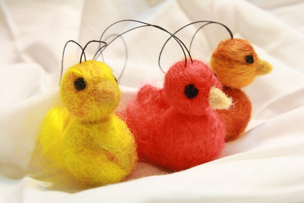 set of 3 red, gold and yellow needle felted bird ornaments