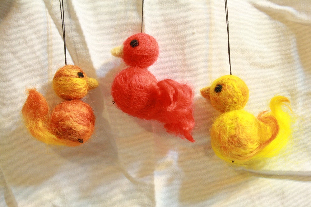 set of 3 red, gold and yellow needle felted bird ornaments