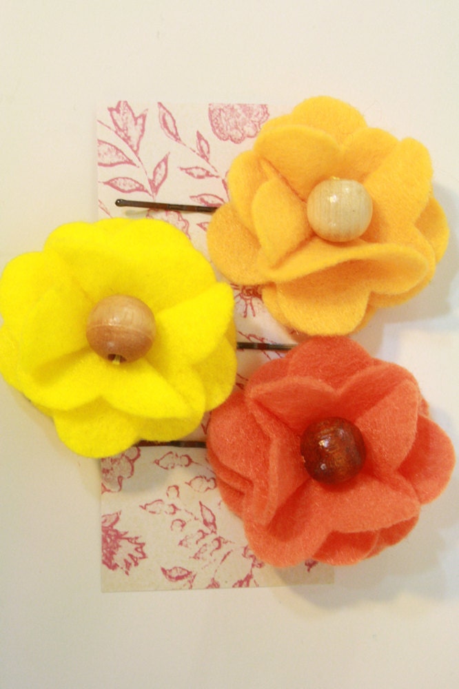 summery citrus felt flower bobby pins - set of 3