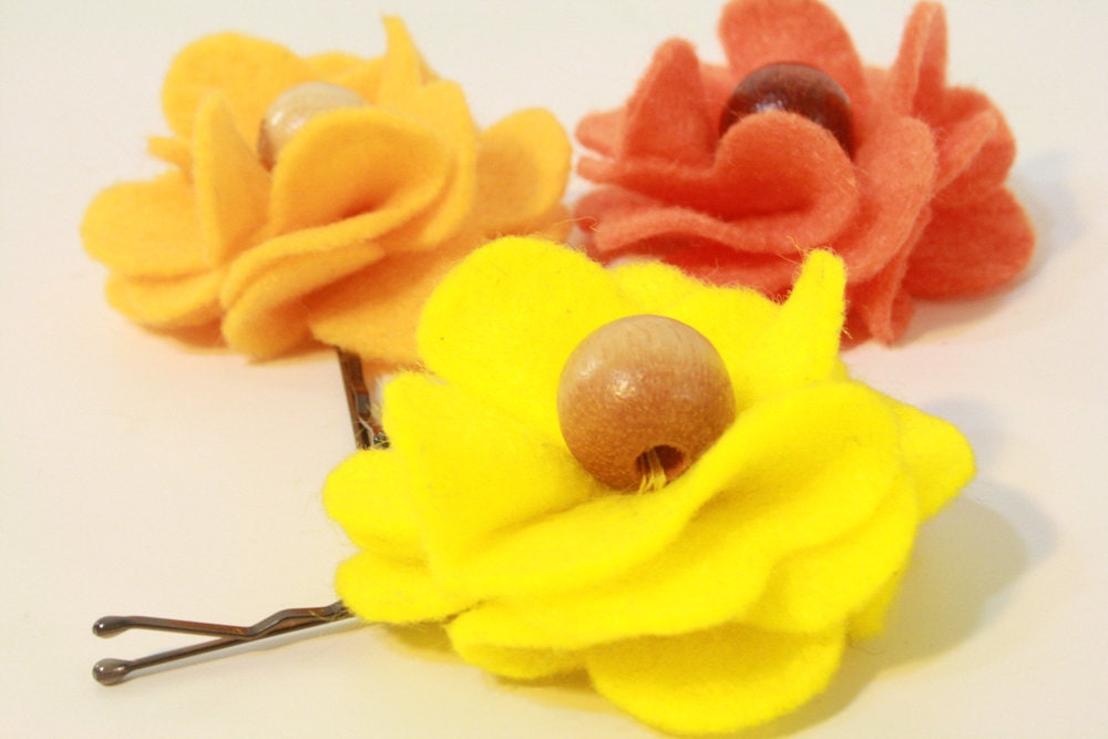summery citrus felt flower bobby pins - set of 3