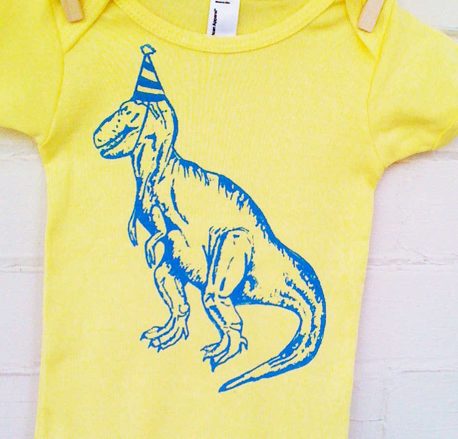 Party Hat Dinosaur Funny Screen Printed Baby Onesie Bodysuit - Yellow with Blue