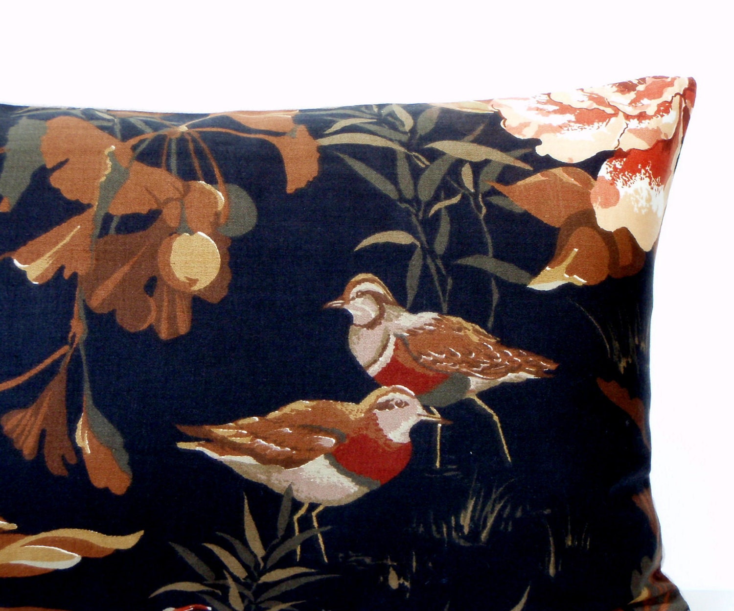 Decorative Black Lumbar - 12x21 - Pair of Birds on Black  Floral - Decorative Lumbar Pillow Cover
