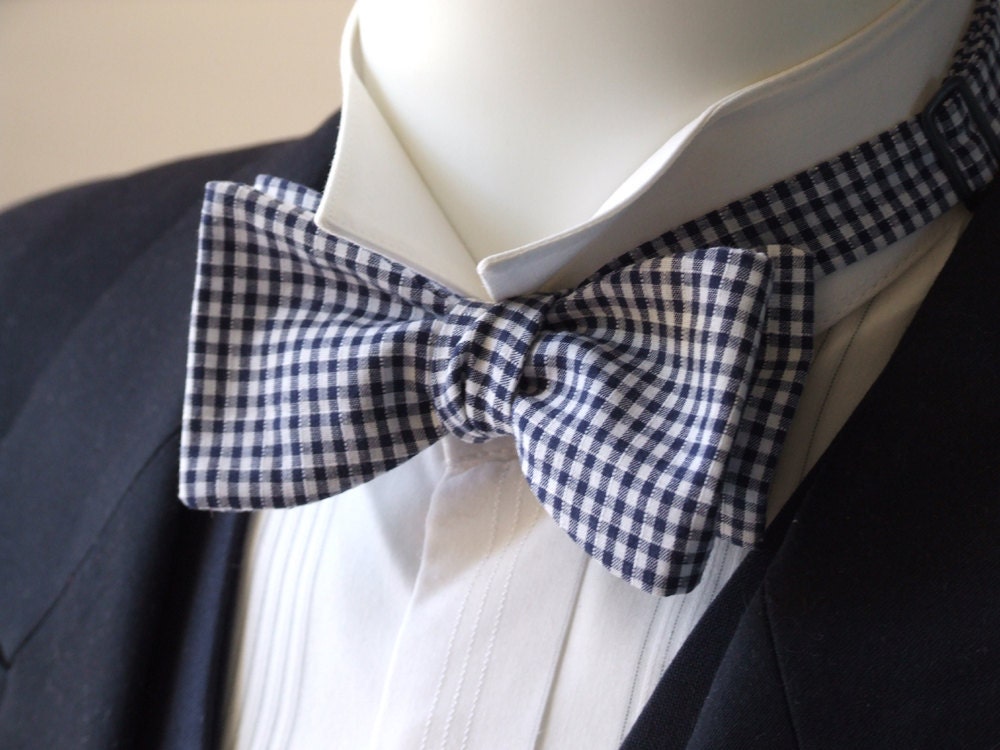 Blue Gingham - Mens Bow Tie, freestyle bowtie for men, adjustable.