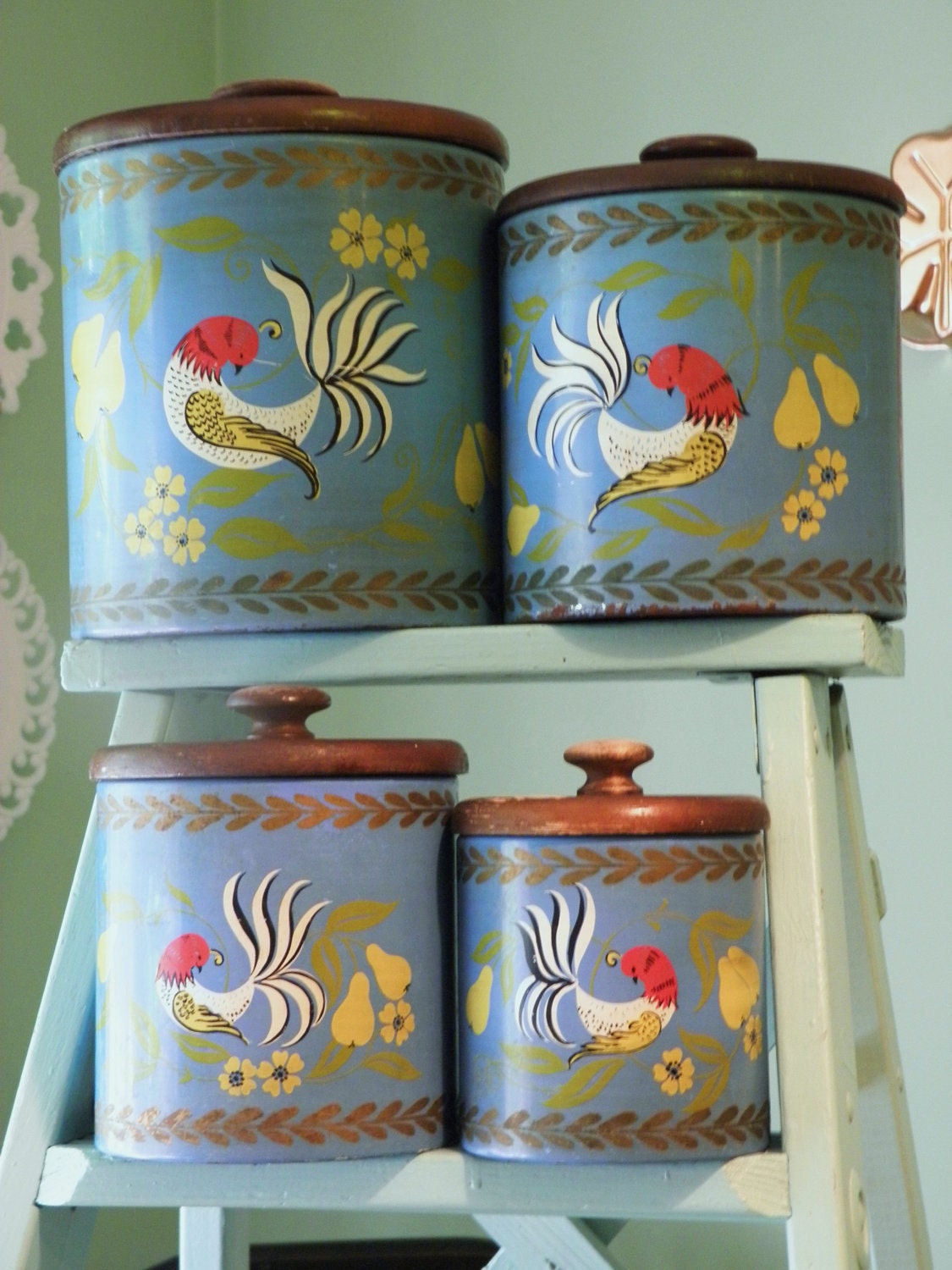 Vintage Ransburg Canister Set, Folk Art Canister, Blue Partridge Kitchen