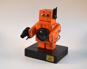 Orange Robot Art, Desktop Sculpture, Handmade Found Object Assemblage