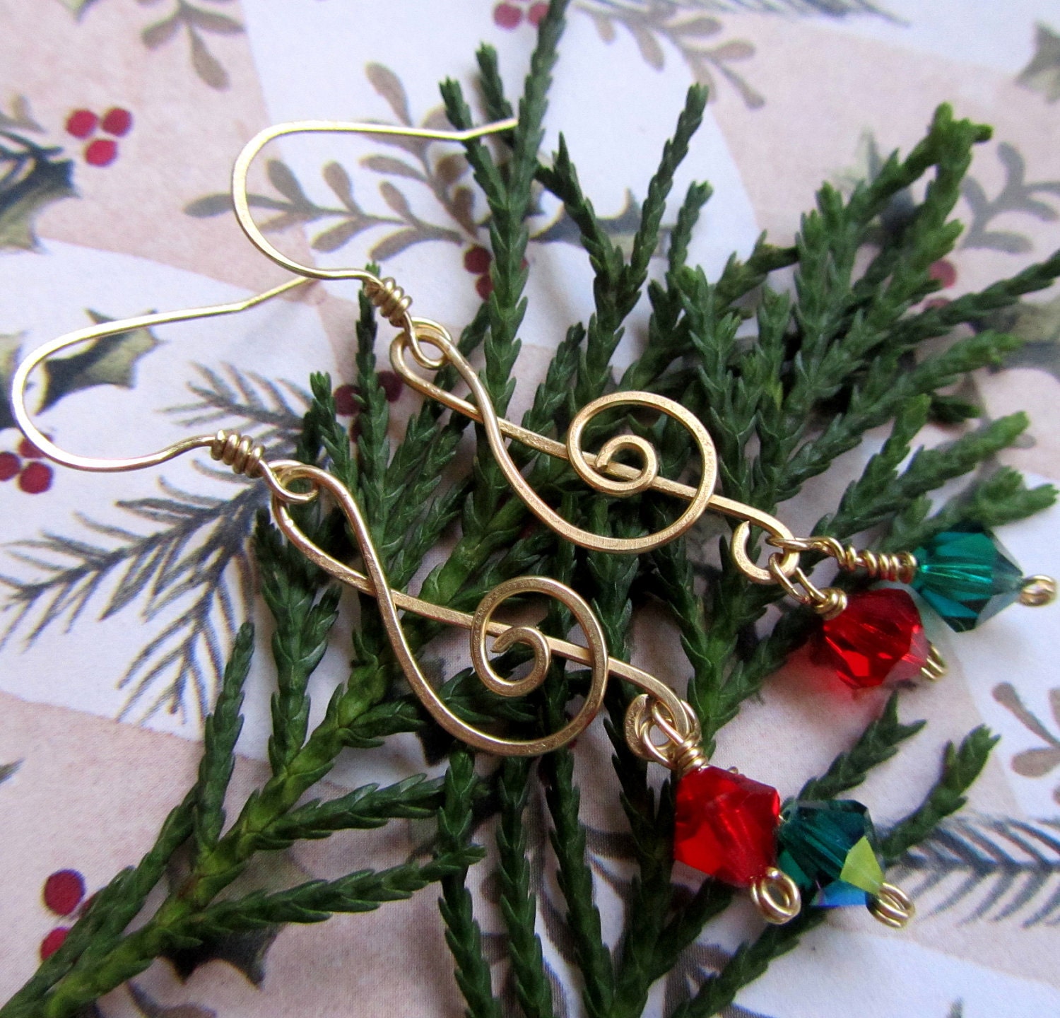 Christmas Carol Treble Cleff Earrings - Brass Wire Wrapped Musical Jewelry - Red and Green Crystal - FantasiaElegance