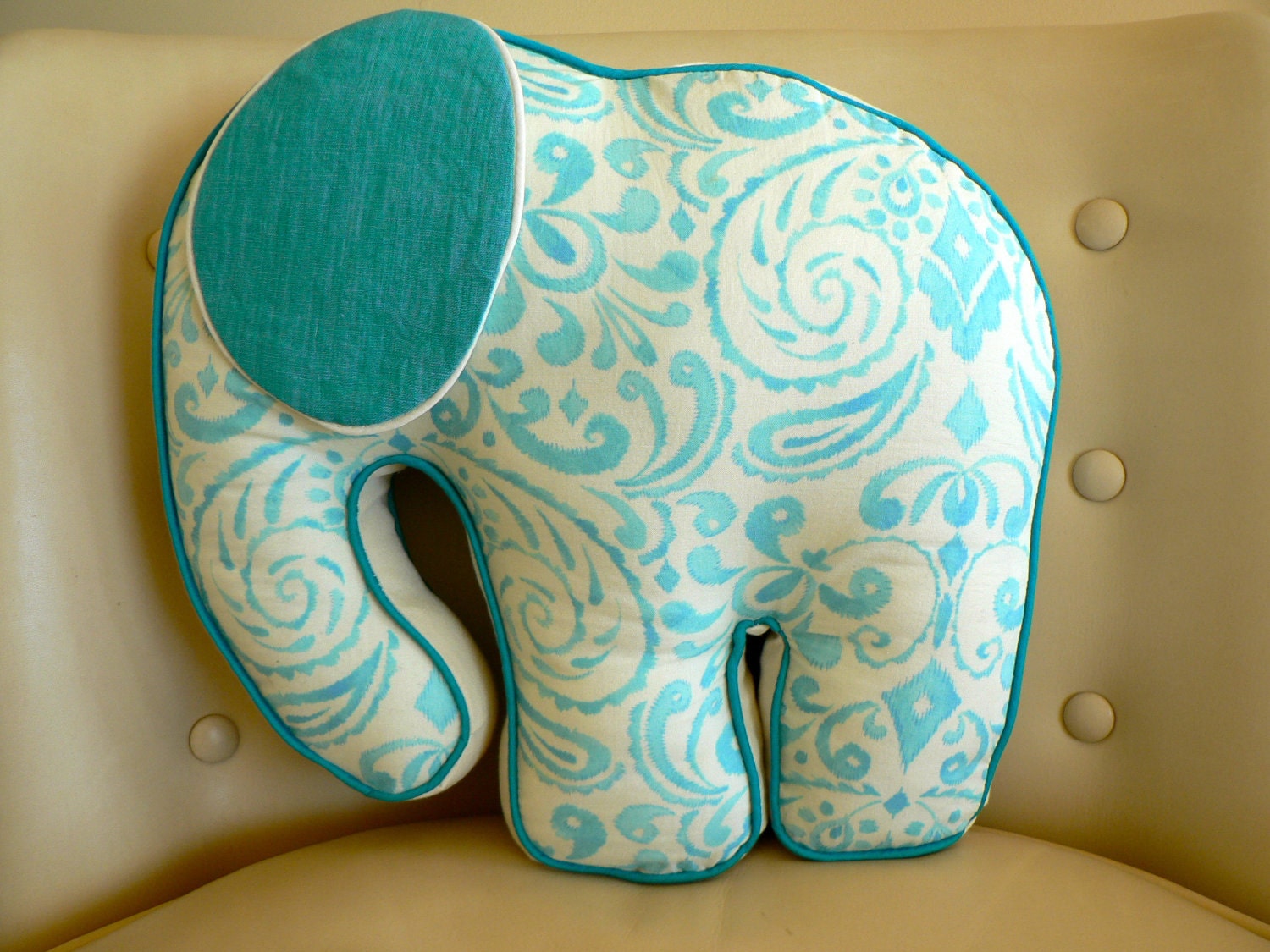 Elephant Pillow in Aqua and Cream