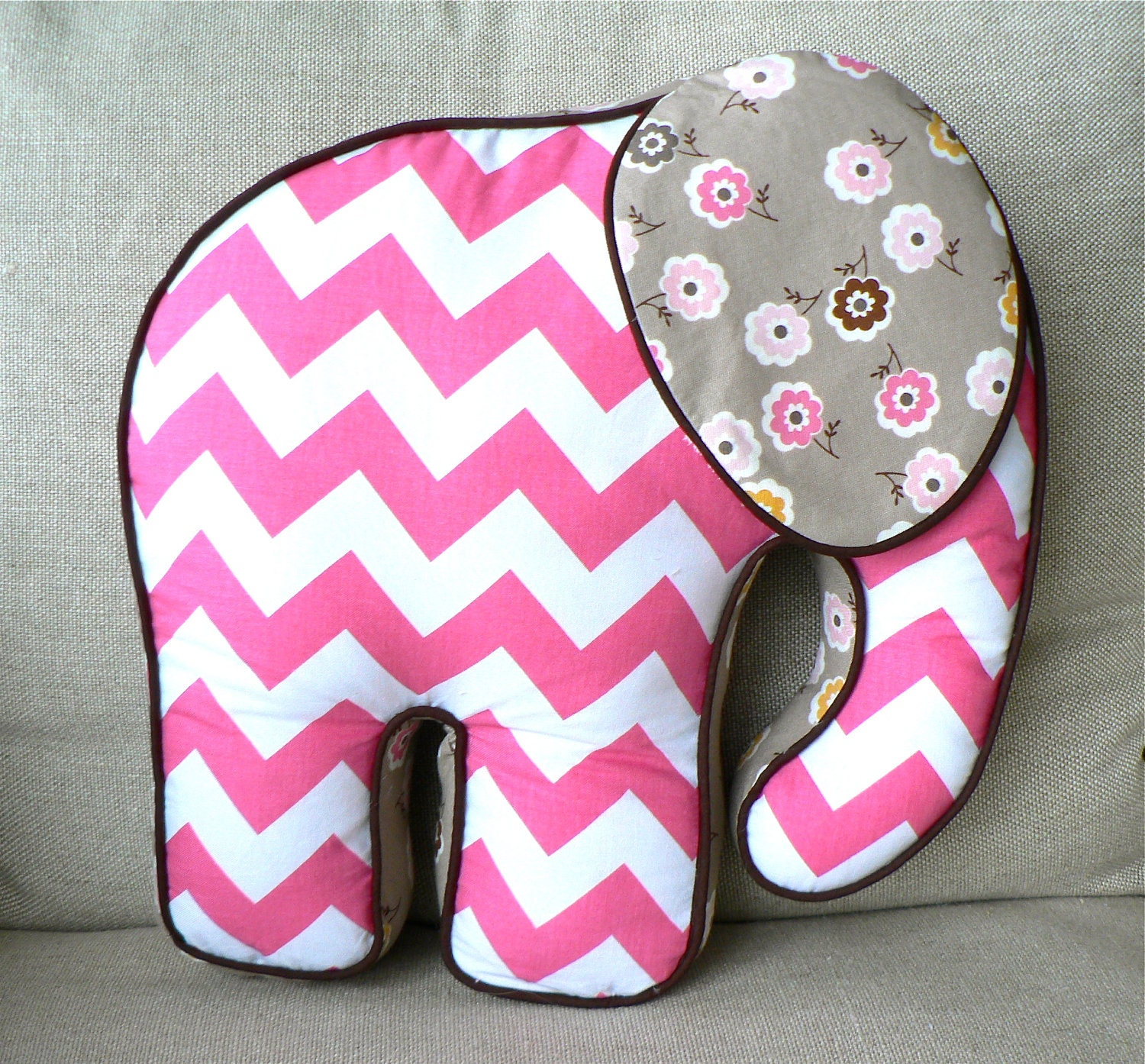 Elephant Pillow Pink Chevron White and Brown - ready ti ship