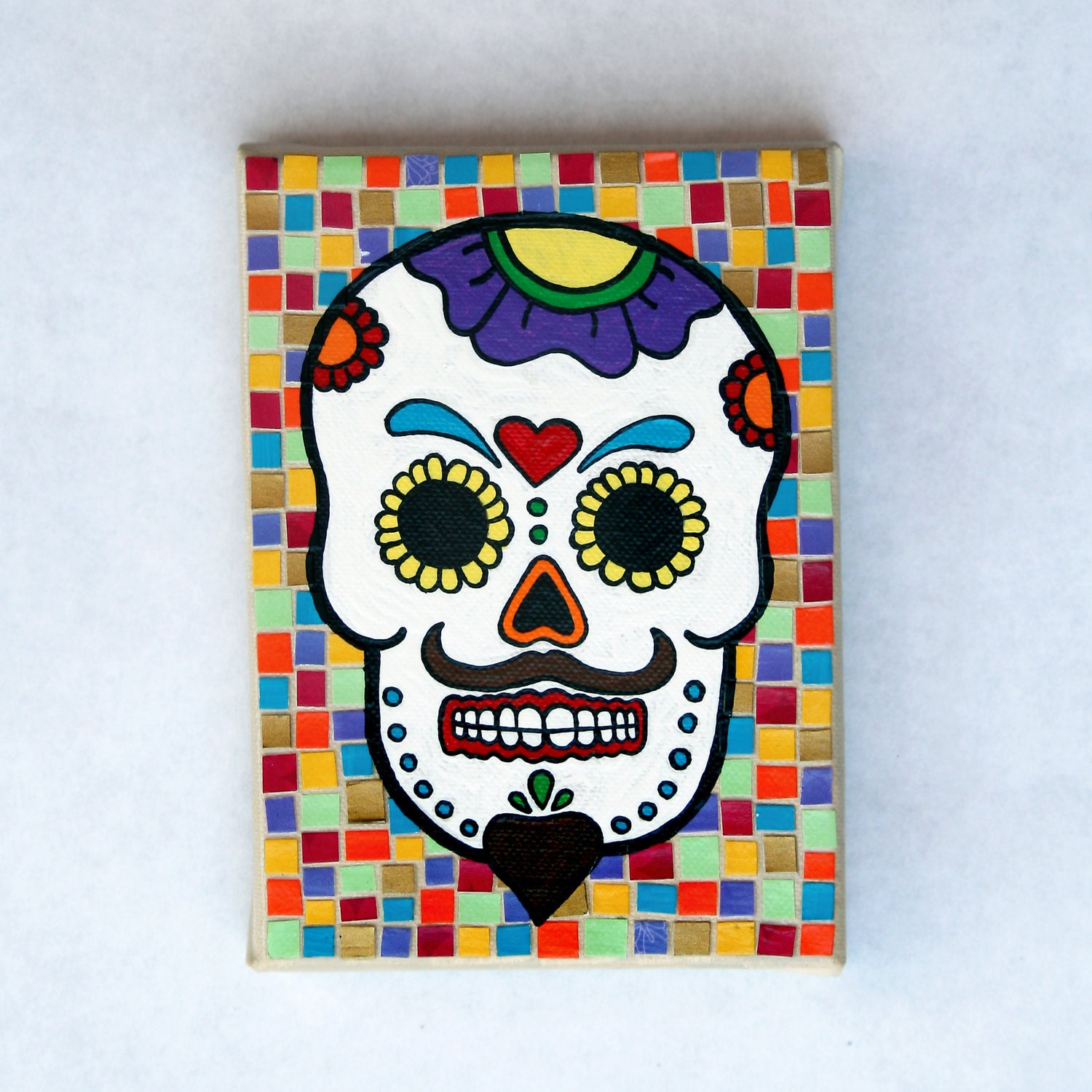 Sugar Skull Recycled Paper Mixed Media Mosaic Art on Canvas - "Senor Amor" Mexican Folk Art Dia De Los Muertos Sugar Skull by Lauren Snyder
