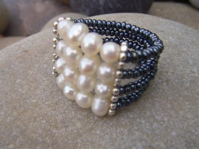 Handmade Pearl Ring - Pearl Cocktail Ring - Chunky Beaded Ring - Sterling Silver - Custom Band -  Bridesmaid gift