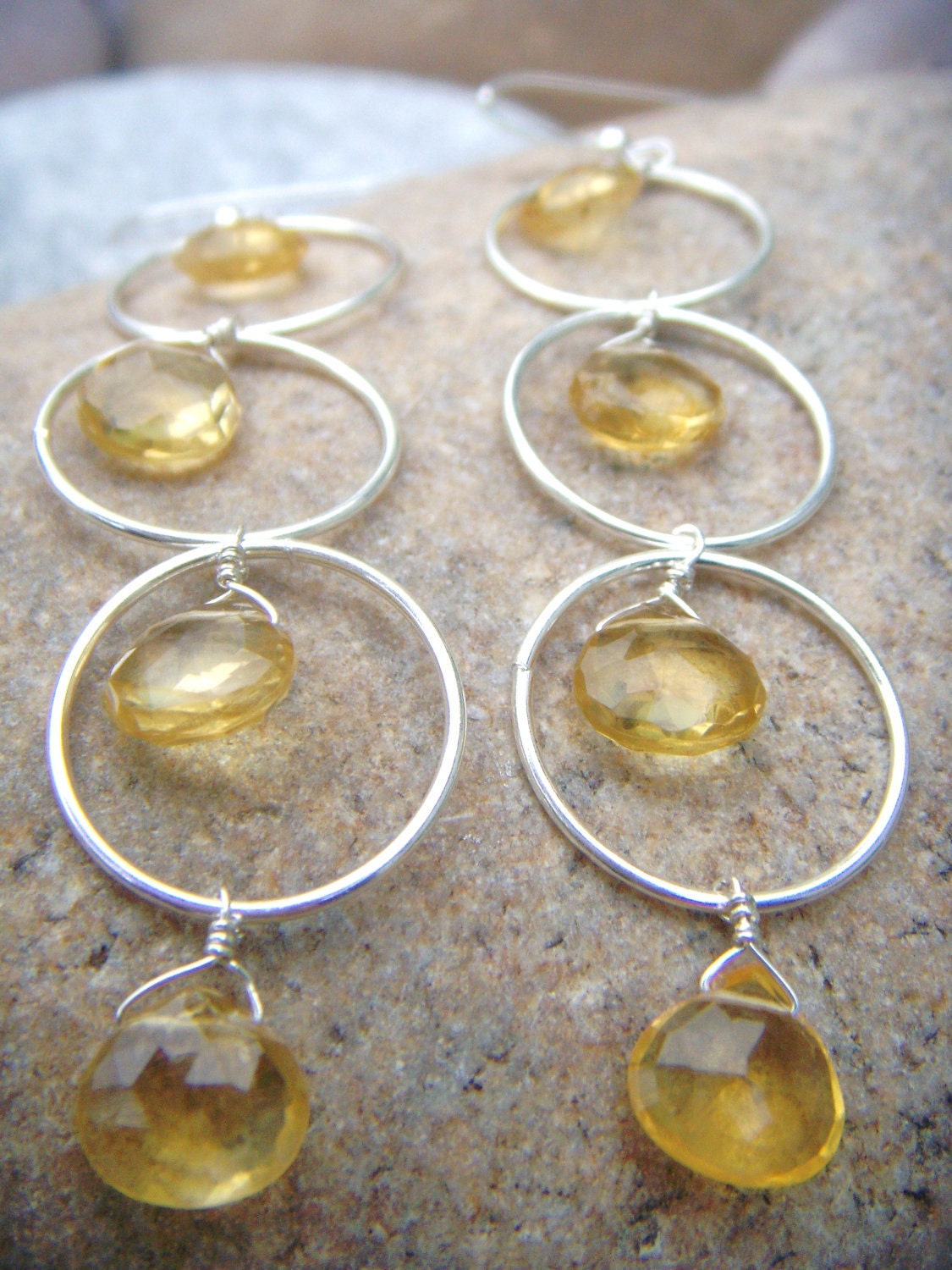 Citrine Earrings - Long Dangle Earrings - Sterling Silver Hoops Yellow Gold Teardrop