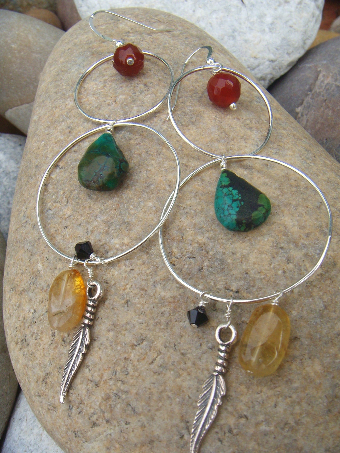 Long Dangle Earrings - Sterling Silver Hoop Earrings - Silver Feather Earrings -Native American - Gemstone Earrings