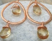 Citrine Earrings - Copper Dangle Earrings - November BIrthstone -  Champagne Earrings - Hammered
