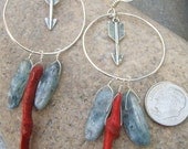 Large Hoop Earrings - Sterling Silver Arrow Charm - Blue Red Earrings - Large Dangle Earrings - One of a Kind