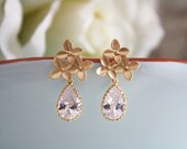 Earrings Gold Cherry Blossom Posts with a sparkly clear briolette, Bridesmaids Jewelry, Bridal Jewelry, Wedding Jewelry