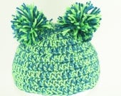 OOAK- Two Tone Mixed Color Double Pom Pom Hat -Infant 0-3 Months -OOAK Ready To Ship- Handmade & Crocheted Crochet