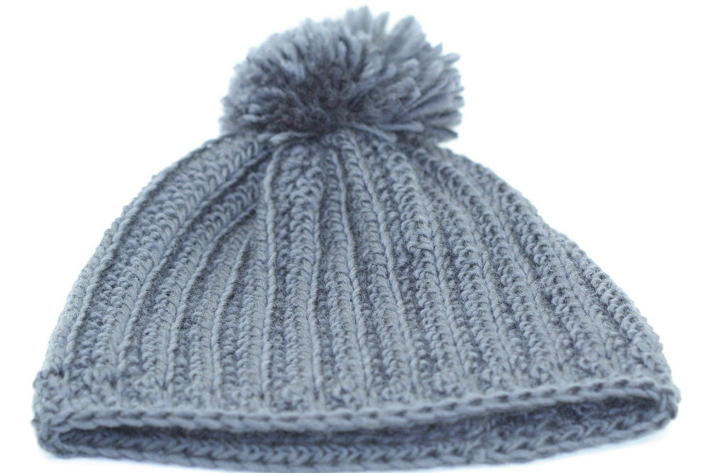 OOAK- Gray/Grey Ribbed Beanie Hat With Pom-Pom - Adults/Men/Women - OOAK Ready To Ship - Handmade & Crocheted Crochet