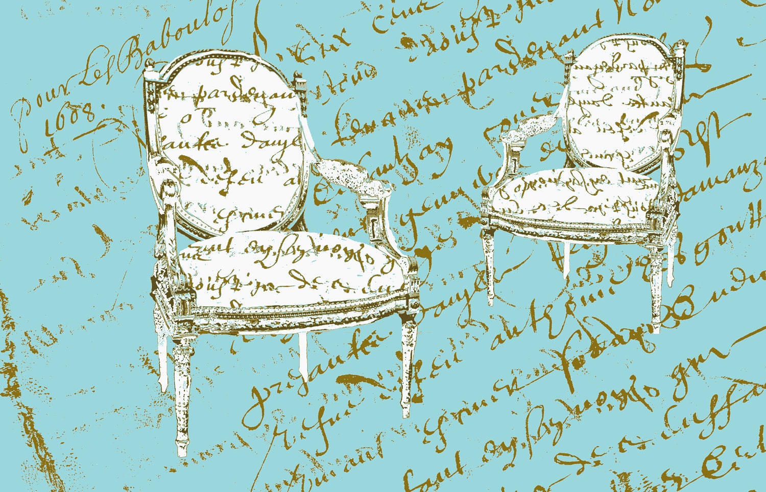Two French Chairs Aqua,  Cotton Sateen - frenchscript