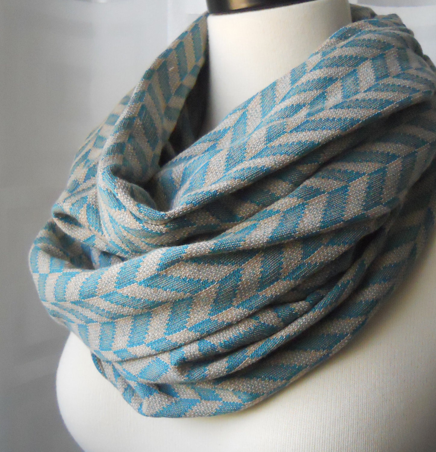 Infinity Scarf Arrows - Teal and Beige - Super Wide - Oversized Scarf