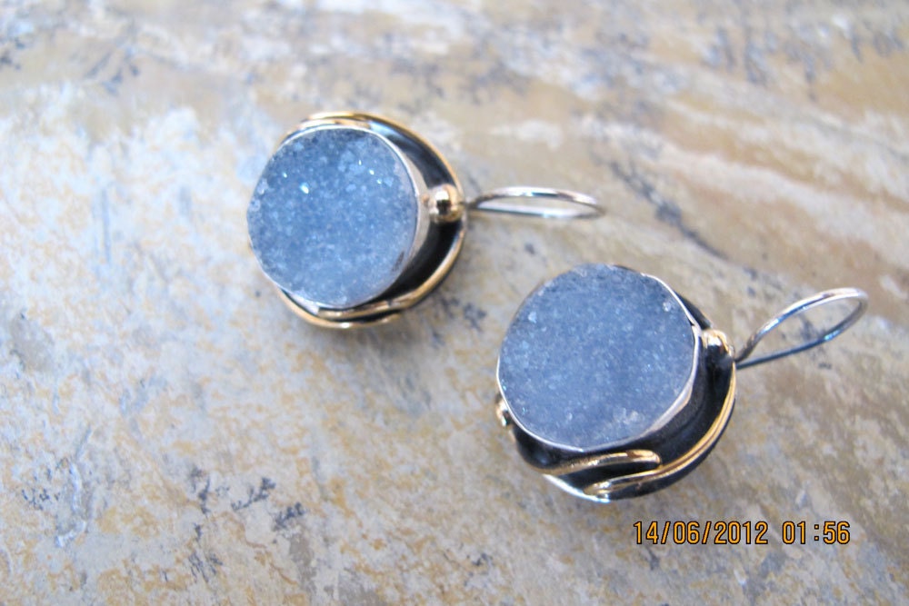 Druzy Chalcedony Earrings with Sterling Silver and 9 Carats Gold