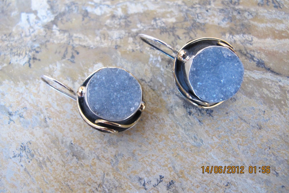 Druzy Chalcedony Earrings with Sterling Silver and 9 Carats Gold