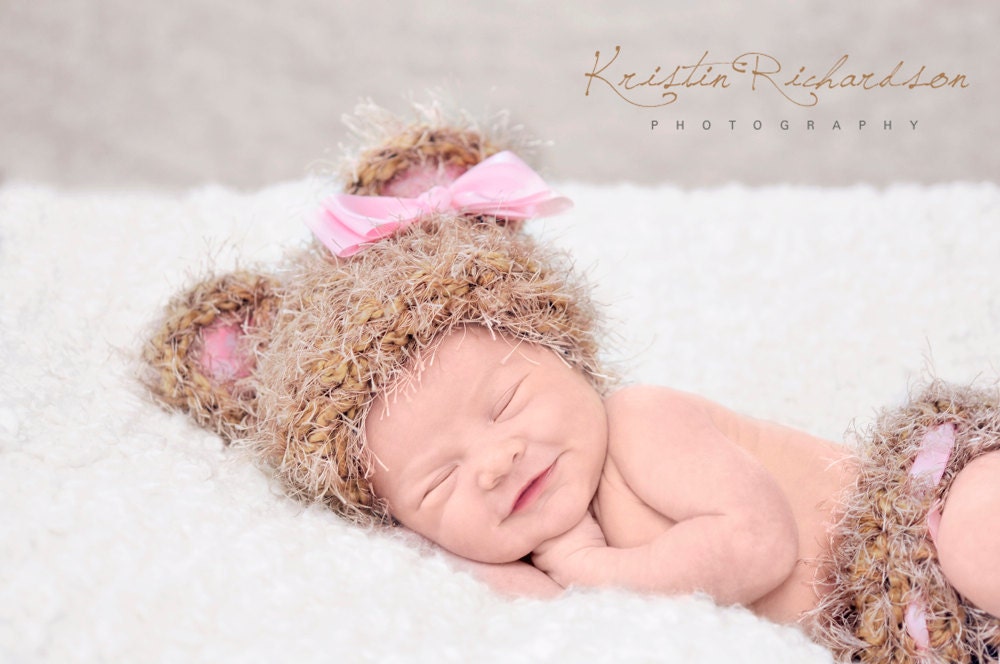 It's a Girl Crocheted Baby Bear Newborn Beanie Hat with Pink Ears and Matching Diaper Cover for Infant Photography