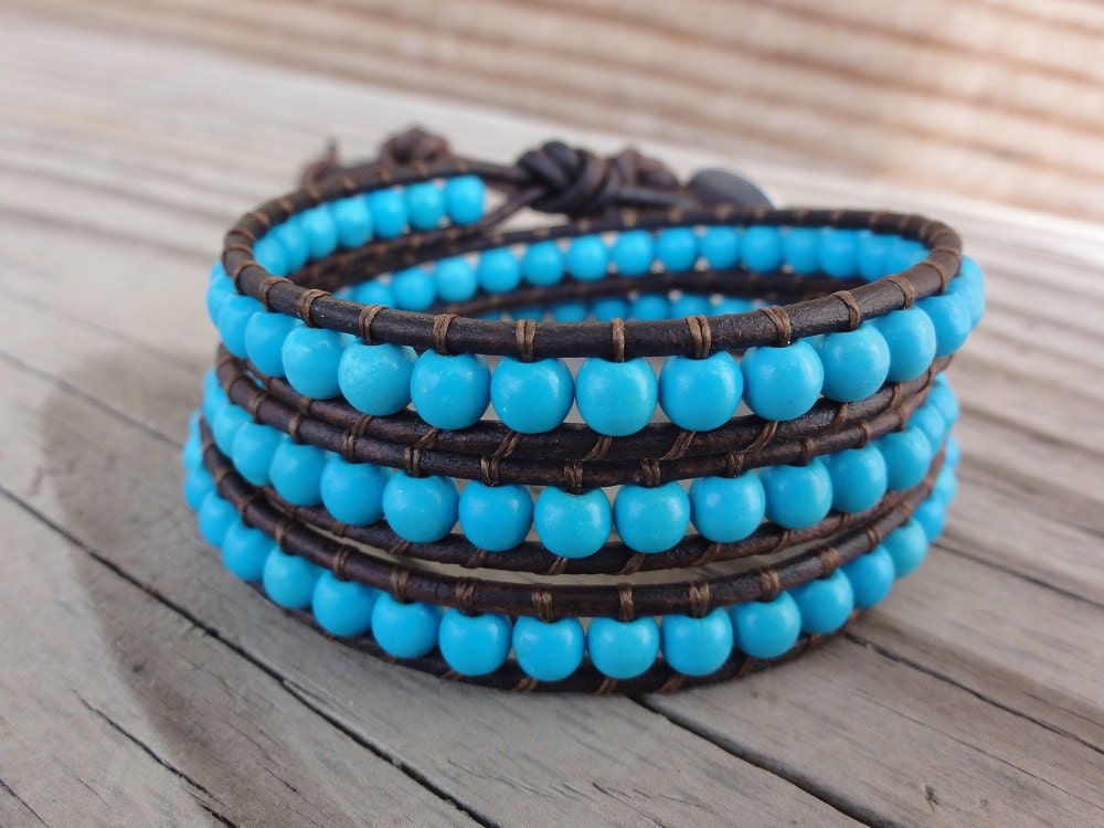 Blue Chalk Turquoise Triple Leather Wrap Bracelet with Elephant Button Closure