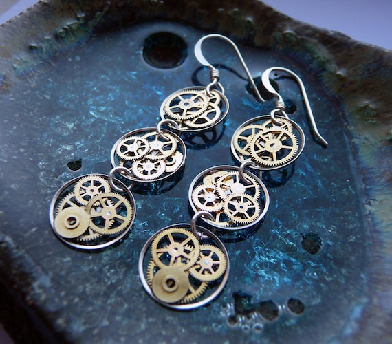Steampunk Earrings Gearrings "Omega" Triple Circle Recycled Mechanical Watch Gear Dangle Sterling Silver French Wire Hook Steampunk Earrings
