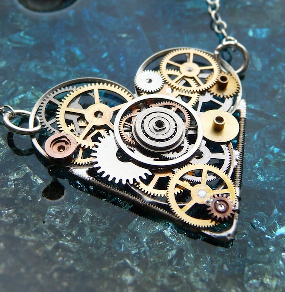 Steampunk Heart Necklace "Embrace" Elegant Industrial Heart Steampunk Necklace Mechanical Love Choker Sculpture by A Mechanical Mind