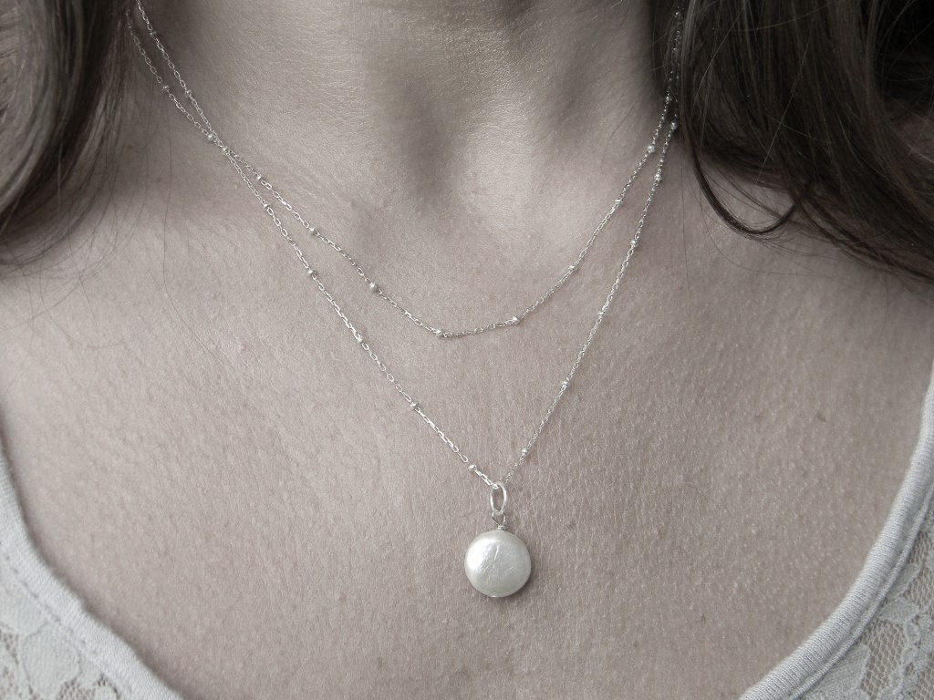 Coin Pearl on Silver Beaded Chain-Bride-Bridal-wedding