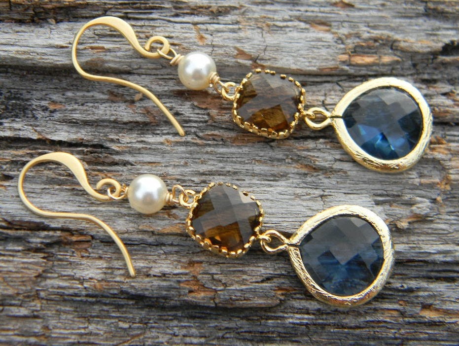 Sapphire Topaz and Pearl Earrings-Bride-Bridal-Wedding