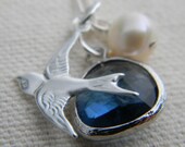 Sapphire Blue Dove Necklace Sterling Silver and Pearl Bridal Jewelry
