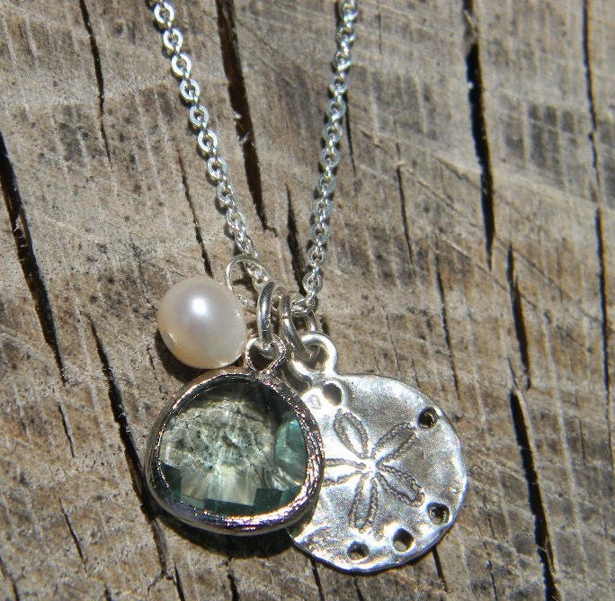 MOTHERS DAY SALE Sand Dollar and Sea Glass Charm Necklace Sterling Silver