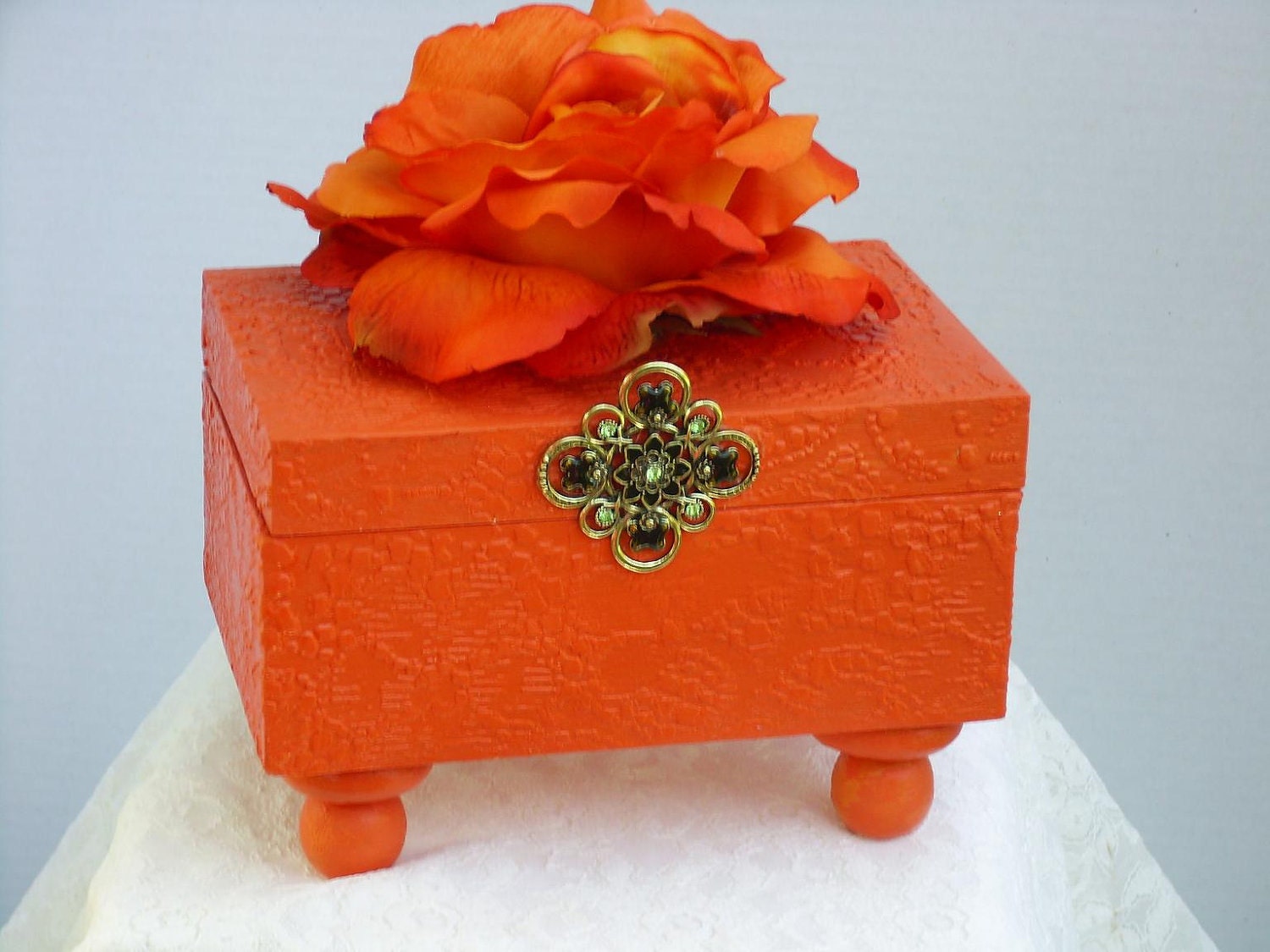 Decorative Box Jewelry Box Orange Rose Green Brooch