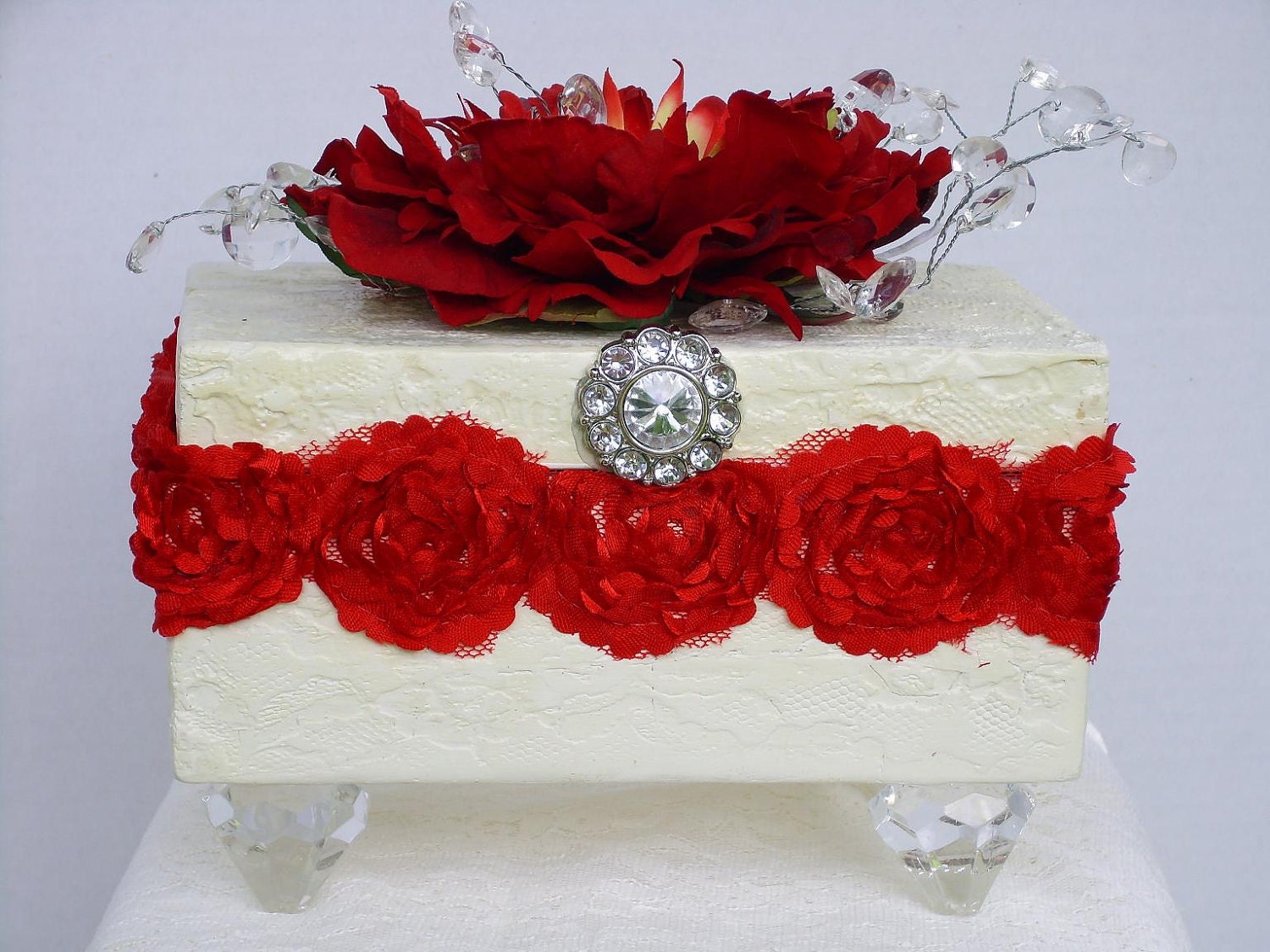 Wedding Box  Decorative Textured White with Red Rose Trim Red and White Red Peony on top acrylic Rhinestone Button on Front