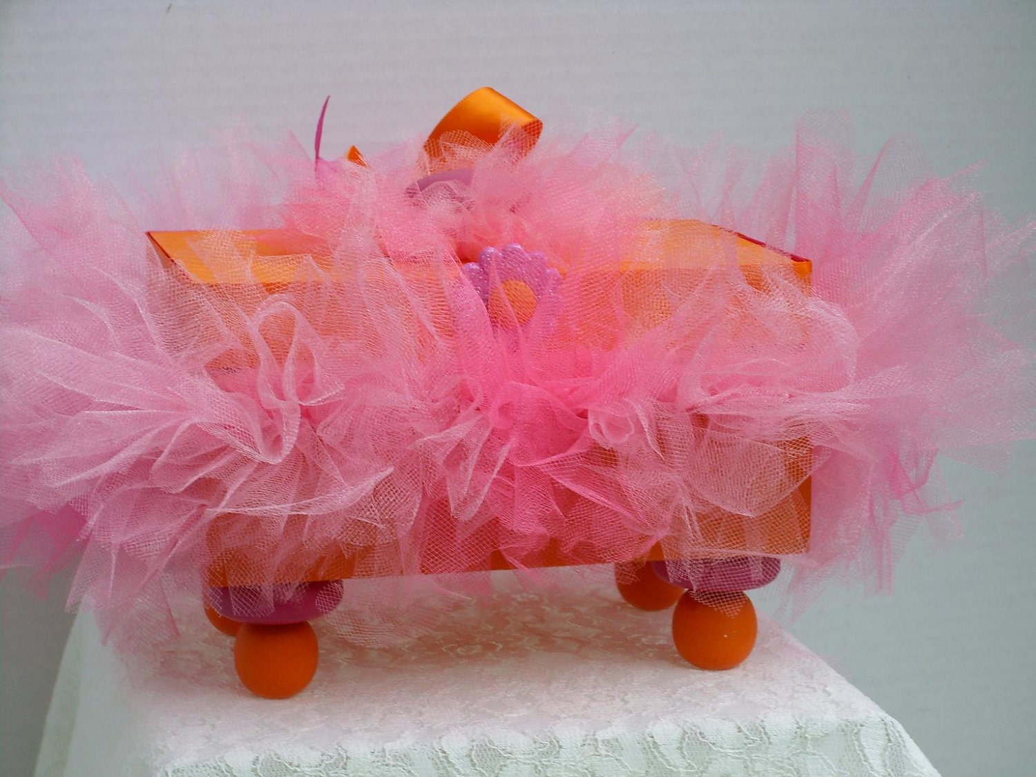 Decorative Box  Wood  Orange with a Hot Pink Tutu Box and Hot Pink Satin Ribbon Ready To Ship