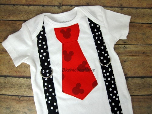 Red  Mickey Mouse Tie with Black and White Polka Dot Suspenders Onesie or Shirt