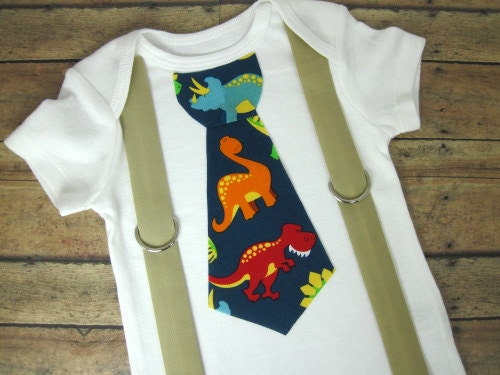 Dinosaur Tie with Tan Suspenders Onesie or Shirt