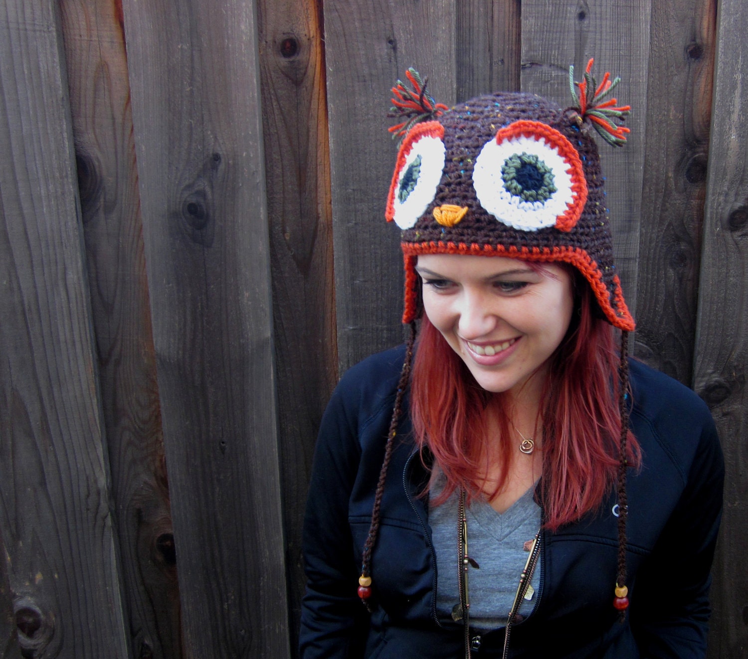 Owl Hat in Brown, Olive Green, & Burnt Orange (crochet ear flap animal beanie)