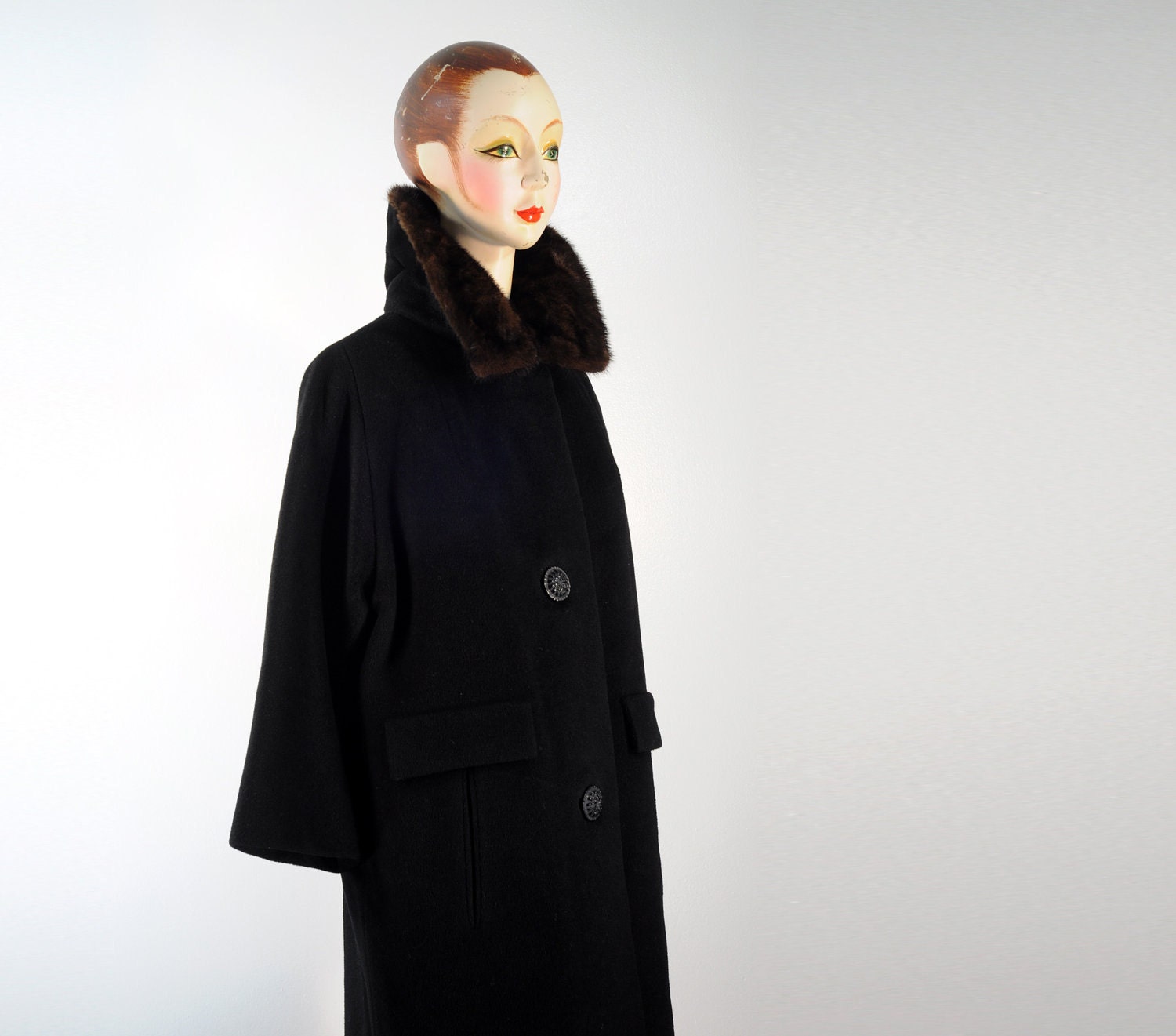 50s 60s black swing coat 1950 1960 cashmere mohair mink collar Strawbridge Clothier Lucky 7