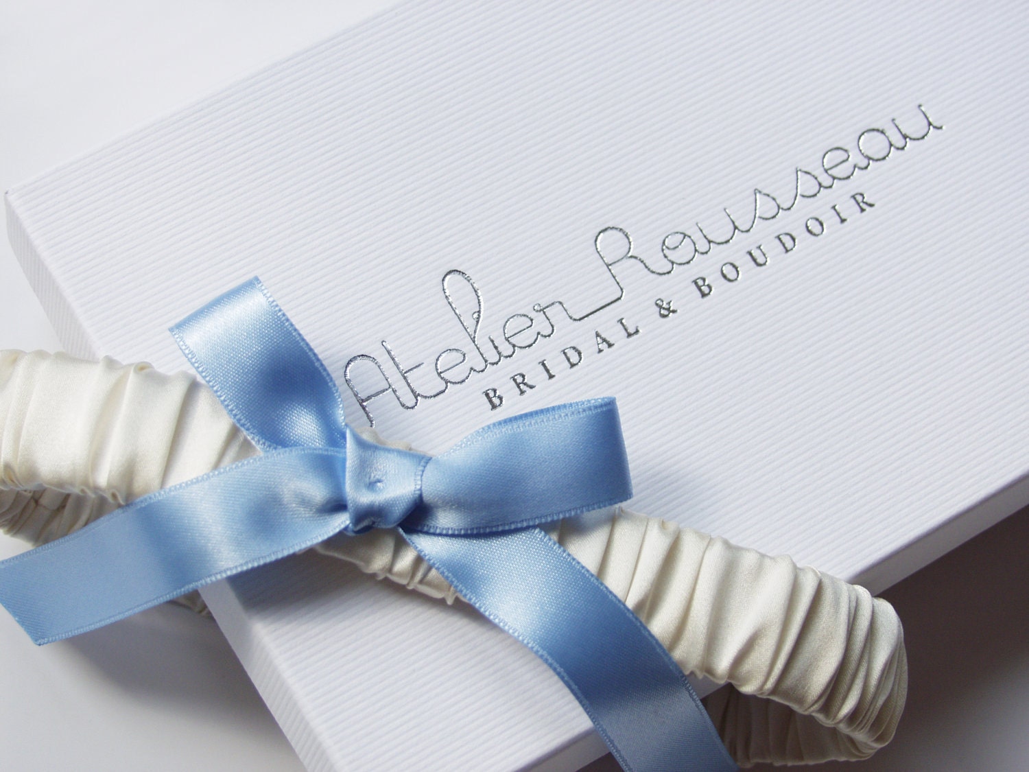 Big Blue Bow Bridal Garter - Ivory Silk Satin Wedding Garter