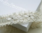 Vintage Ivory Lace Bridal Garter with Pale Gold Applique and Swarovski Crystals