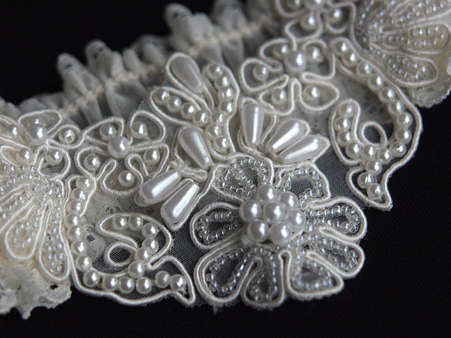 Romance Couture Ivory Lace Bridal Garter with Beaded Applique