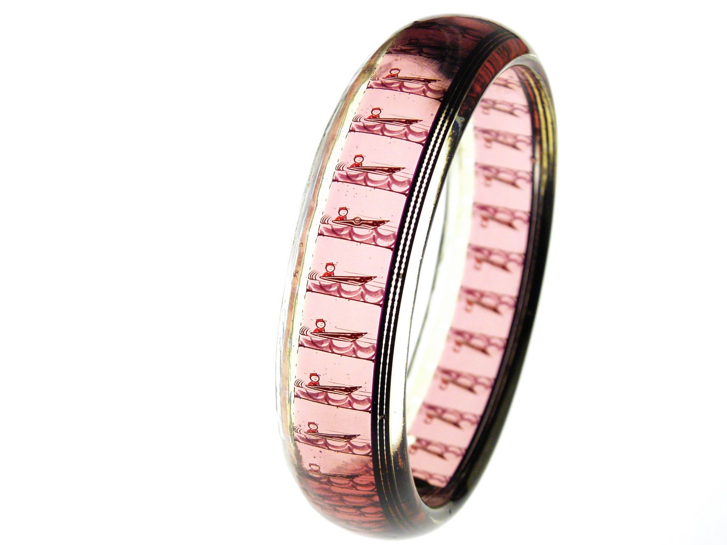 resin filmstrip bracelet . vintage educational film bangle . Fast is Not a Ladybug . cartoon man in boat