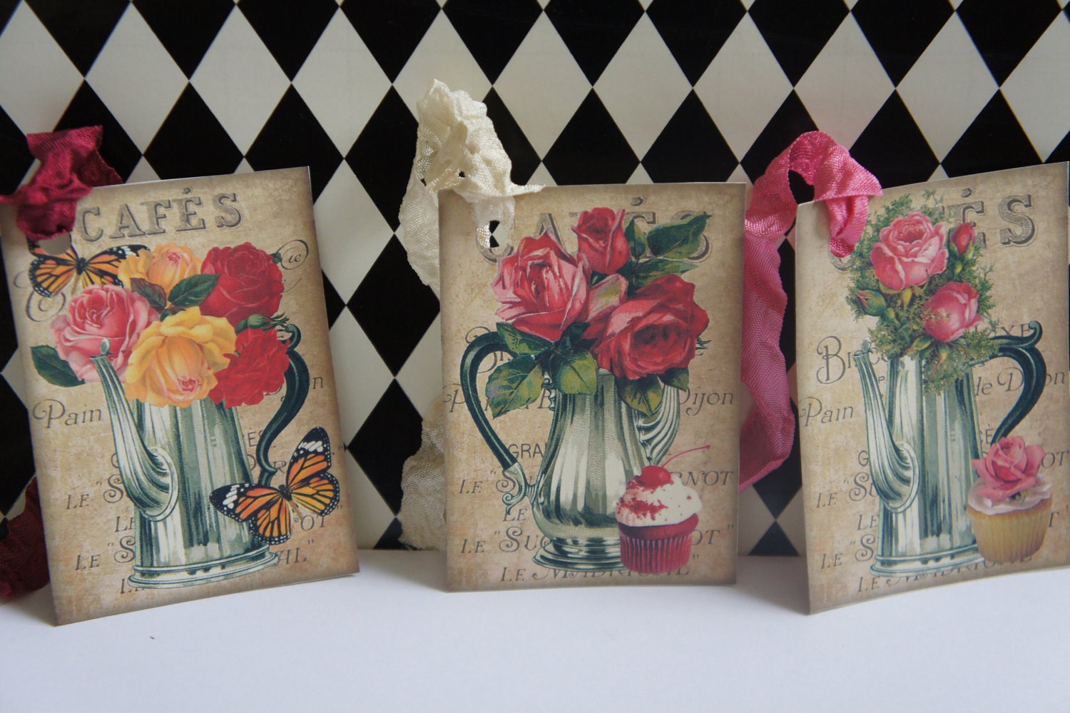 Coffee Pots and Roses Hang Tags - Set of 3
