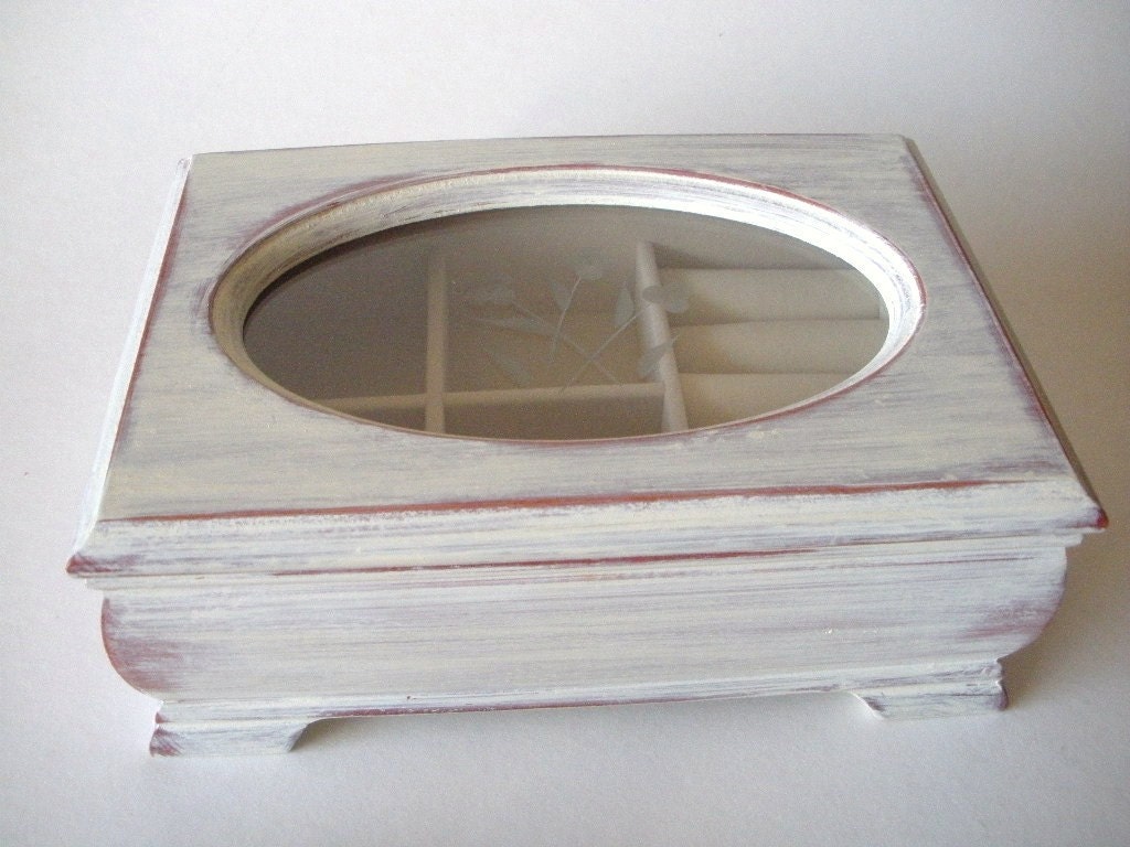 Vintage Distressed ivory white jewelry box wooden upcycled shabby chic