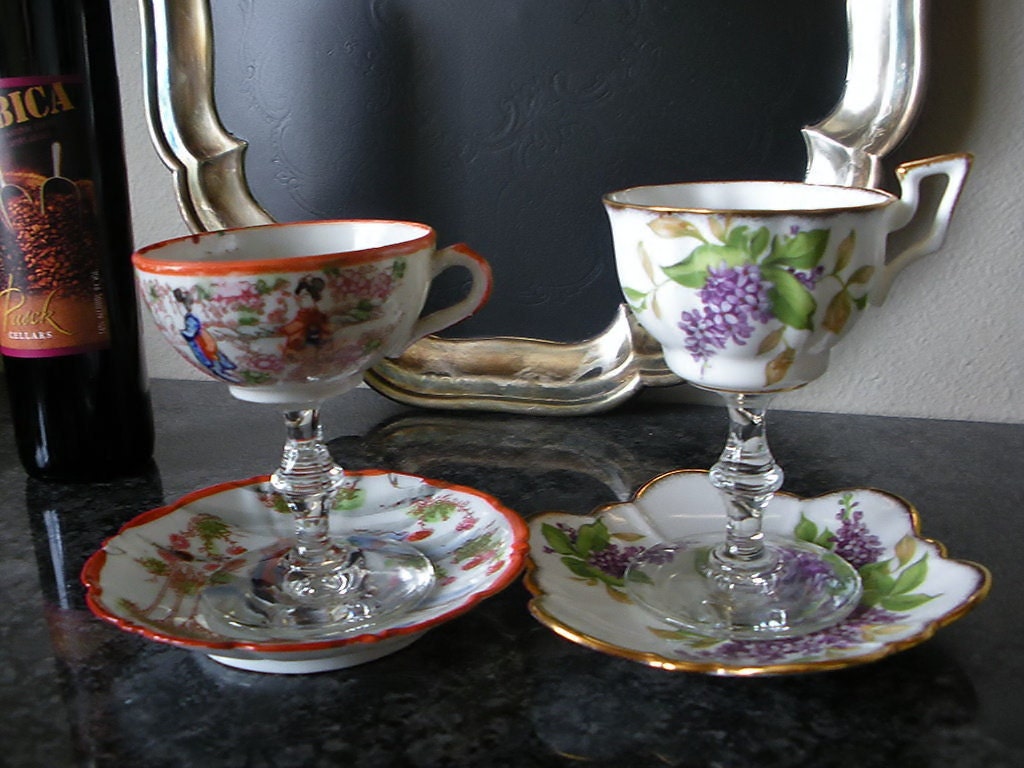 Wedding shot glasses / tea cup wine glass / vintage teacups / vintage demitasse tea cups / special occasion / parties / repurposed set of 4