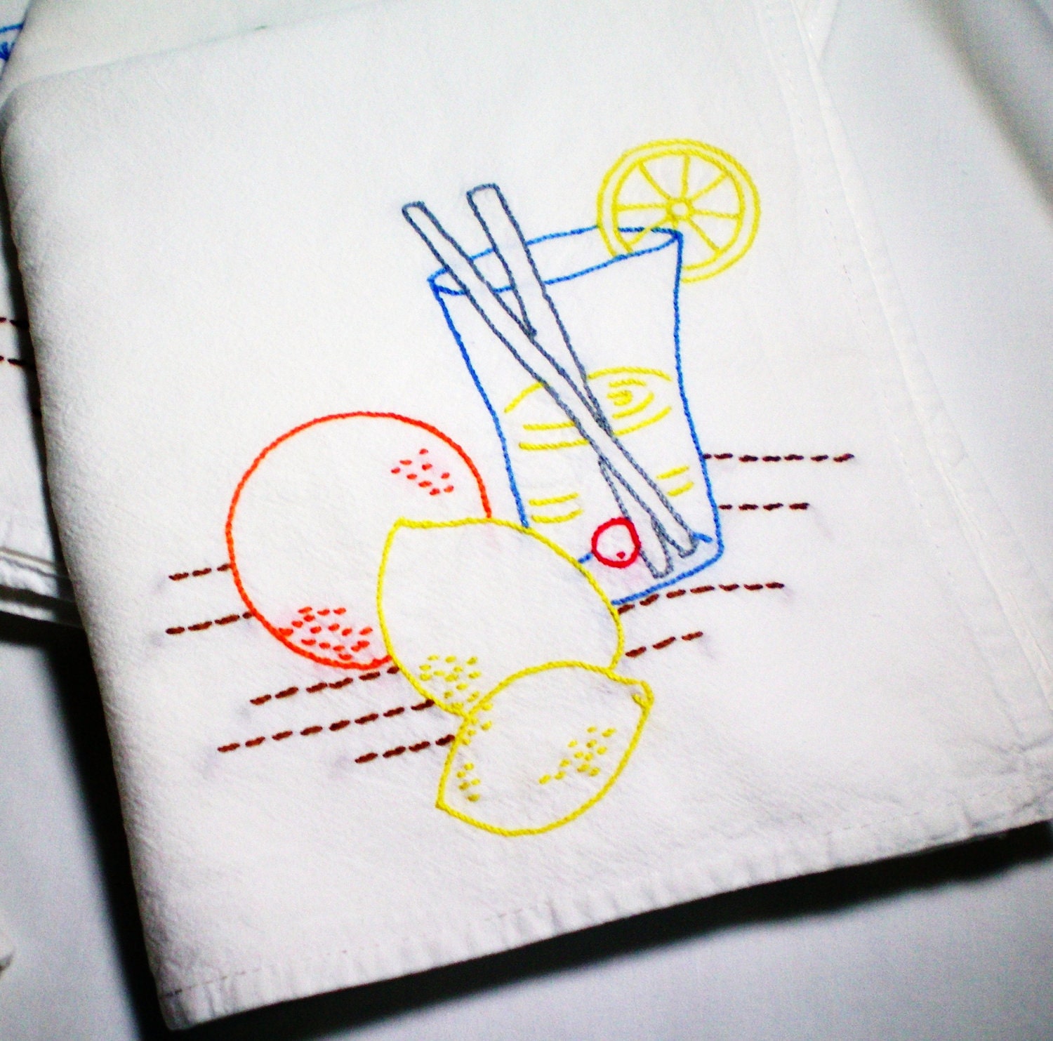 Embroidered Kitchen Towel - Lemonade - hand embroidered dish towel