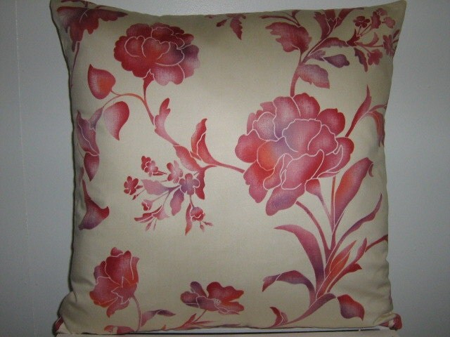 Decorative Pillow Cover Red Coral Lilac Floral Vines on Creamy White Paula Cie Cotton 20x20