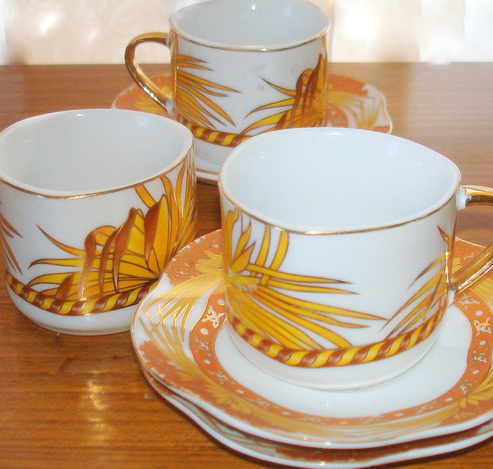 Vintage 24ct Plated Demitasse Cups & Saucers. Set of Three